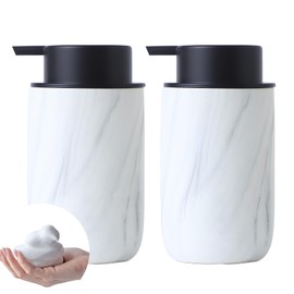 Marble Foaming Soap Dispenser Set - 2 Pack White Marble Ceramic Foam Dish Hand Soap Dispenser with Black Pump for Bathroom, Bathroom Dispenser Set for Modern Home Farmhouse Decor