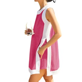 synound Women’s 2 Piece Sets Boho Color Block Dress Summer Casual Sleeveless Crewneck Tops Shorts Matching Set with Pockets Rose