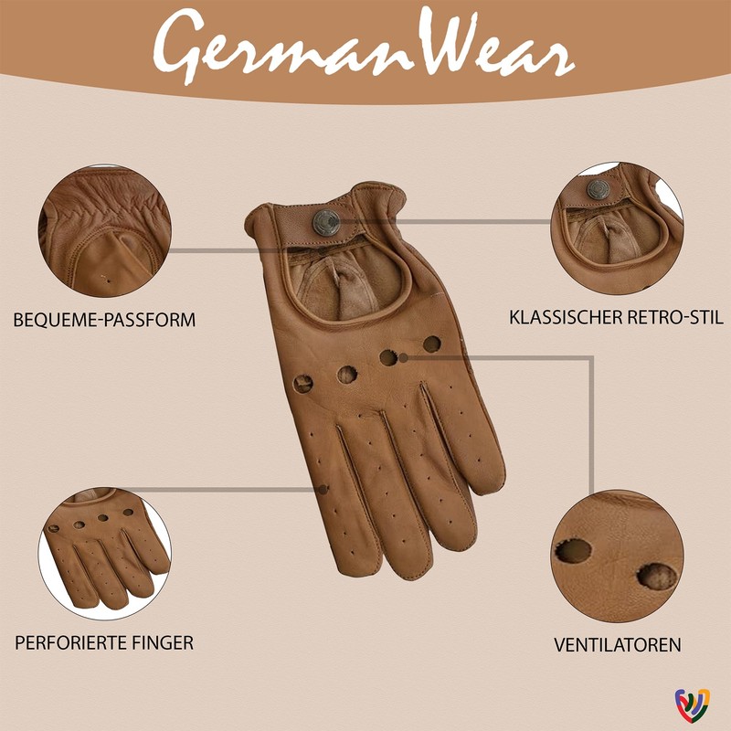 German Wear, Men's Driving Leather Driving Gloves (Caramel, 10=XL)