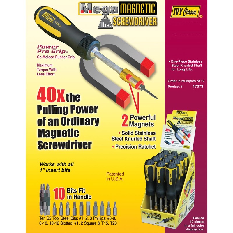 IVY Classic 17073 9" Multi-Bit Ratcheting Screwdriver, Mega-Magnetic, 1-Pack