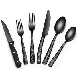 Black Hammered Silverware Set with Steak Knives, 24-Piece Stainless Steel Wave Flatware Set for 4, Food-Grade Tableware Cutlery Set, Utensil Sets for Home Restaurant, Mirror Finish, Dishwasher Safe