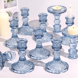 Simeitol Glass Candle Holder Set of 12, Blue Taper Candle Holders Bulk, Vintage Candlestick Holders, Candle Stick Holder for Table Centerpieces, Wedding, Festival & Home Decor
