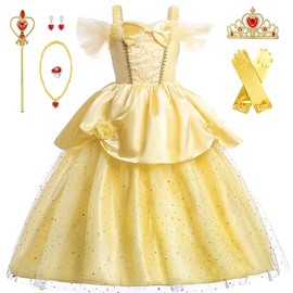 CREDIBLE TT5071A Princess Dress, Children's Cosplay Costume, Luxurious 9-Piece Set, Light Yellow (Princess Dress, Ribbon Gloves, Heart Tiara, Magic Stick, Earring, Necklace, Ring, Bracelet, Original