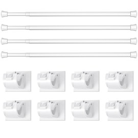 Adjustable Curtain Rod Extendable Spring Tension Rod with Self Adhesive Hook for Closet, Wardrobe, Bookshelf, Small Window, White, Length 15.7 to 27.5 Inch (4 Pieces)