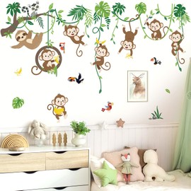 decalmile Monkey Climbing Tree Wall Decals Jungle Animals Tree Branch Sloth Wall Stickers Living Room Baby Nursery Kids Room Wall Decor