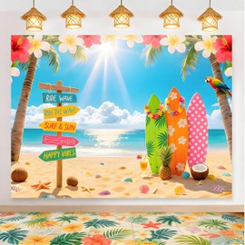 Summer Hawaiian Beach Backdrop 7x5FT, Polyester Seaside Tropical Palm Trees Surfboard Photography Background for Luau Aloha Party Decoration, Ocean Blue Sky Supplies Photoshoot (7 * 5FT)