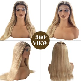 Highlight Blonde Lace Front Wigs Human Hair 180% Density 13X6 HD Transparent Glueless Wigs Human Hair for Women 28 Inch Ombre Highlights Brown to Blonde Lace Front Wig Pre Plucked with Baby Hair