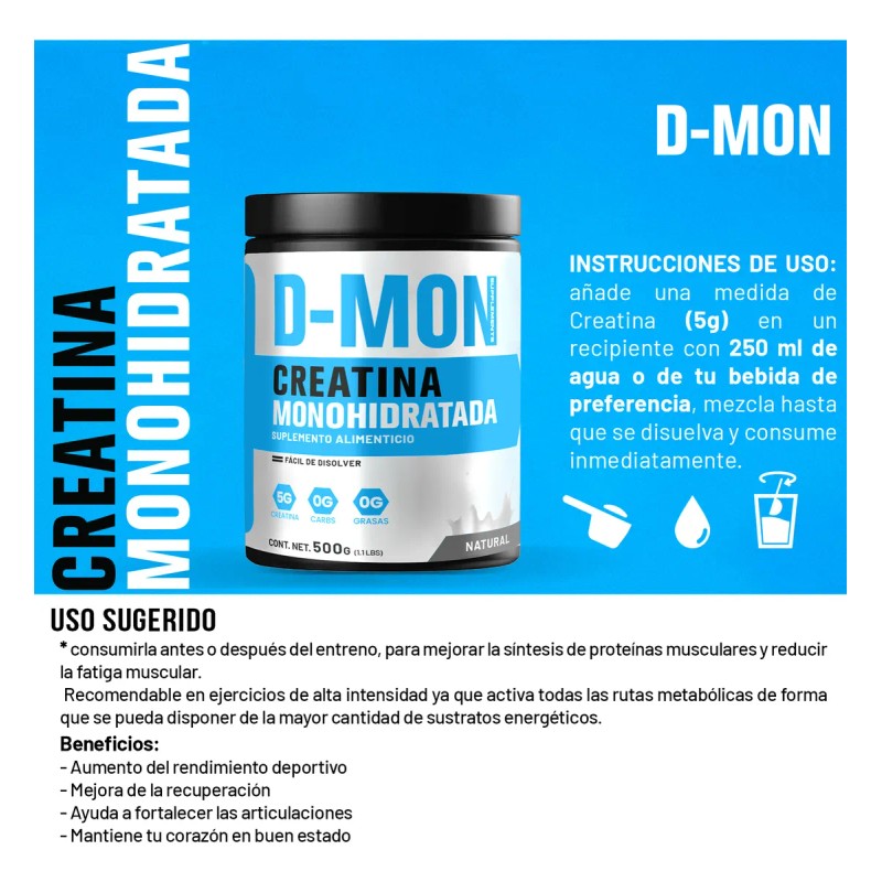 Creatina Monohidratada 500g D-mon Alta Pureza Varios Sabores