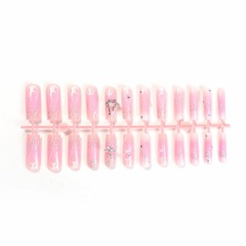MERVF Long Square Press on Nails Pink Fake Nails Press ons Star Y2K Glue on Nails with Flame 3D Heart Rhinestones Design Gradient Squoval Acrylic Nails Gothic False Nails Glossy 24pcs