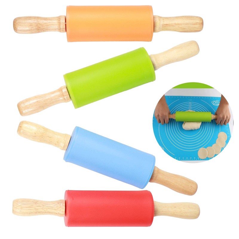 4PCS Rolling Pin NonStick Silicone Mini Wooden Handle Rolling Pins