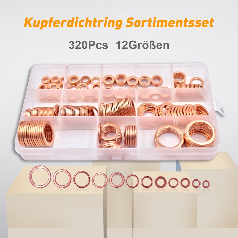 DIYoung 320pcs Copper Sealing Rings Assortment Flat Washers Set Locking