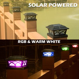 SIEDiNLAR Solar Post Cap Lights Outdoor Glass 2 Color Modes for 4x4 5x5 6x6 Wooden Vinyl Posts Fence Deck Patio Decoration RGB Color Changing/Warm White Lighting Black (4 Pack)