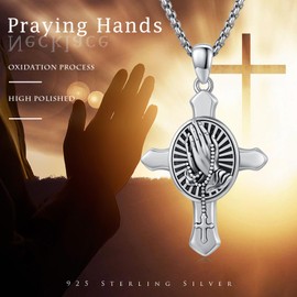 XIXLES Praying Hands Necklace Sterling Silver Cross Praying Hands Pendant Necklaces Serenity Prayer Necklace Christian Crucifix Prayer Hand Jewelry Gifts for Men Women
