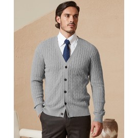 KALLSPIN Men's Cable Knit Cardigan Sweater Pure Cotton V Neck Relaxed Fit Long Sleeve Casual Buttons Knitwear(Light Grey,Large)