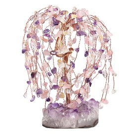 rockcloud Hand-Made Healing Crystal Money Tree on Natural Amethyst Cluster Base Chip Stone Tree of Life for Luck and Wealth, Amethyst & Citrine Crystal & Rose Quartz & Rock Crystal
