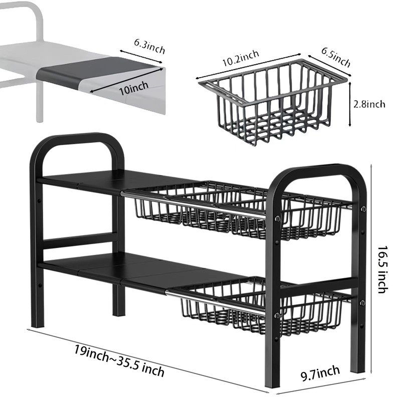 Fliqor Under Sink Organizer，2 Tier Expandable Heavy Duty Metal Shelf，with