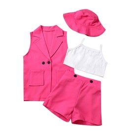 WASAIGOOD Toddler Girls Blazer Set 4 Pcs Cropped Camisole Buttons Shorts Lapel Vests Coat Hats Summer Outfits Set (Pink,2-3 Years)