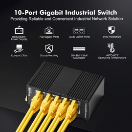 MokerLink 10 Port Gigabit Industrial DIN-Rail Ethernet Switch, Unmanaged IP40 Network Switch (-40 to 185°F), Mini Size, with Power Supply