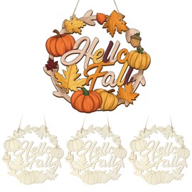 Unfinished Fall Wreaths Wood Crafts to Paint Set of 3, 11" Bulk Autumn Leaves Pumpkin Wreath Ornaments for Painting, Unfinished Wood Cutouts DIY Ornaments for Front Door with Ropes