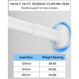 EZFurni Tension Curtain Rods No Drilling, 51 to 128 inches, Anti-Slip Adustable Curtain Rod for Windows, Heavy Duty Tension Rod with Spring Loaded for Bedroom, Outdoor Patio, White