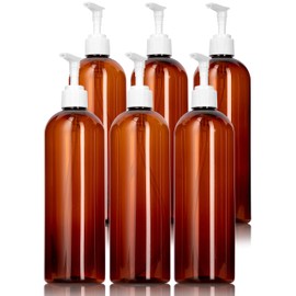 JUVITUS 16 oz / 500 ml Amber Slim PET Plastic Bottles (BPA Free) with White Lotion (Lock Down) Pump (6 Pack) I Refillable Empty Storage Containers