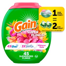 Gain Super Sized Flings Laundry Detergent Pacs with Hibiscus Hula Scent, Powerful Cleaning for Lasting Freshness, HE Compatible, 45 Count, Gain Laundry Detergent Pods