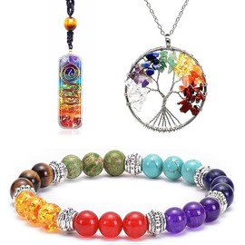 Slzhds Árbol de la Vida y Chakras Collar con Pulseras 7 Chakras Piedras Naturales, Cuarzo, Colgantes de Cuarzo con Piedras Preciosas Espirituales, Cristal