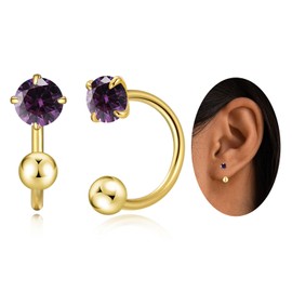 Small Huggie Half Hoop Earrings for Women Girls,Tiny 3mm Birthstone Earrings Cartilage Hypoallergenic Stud for Women (Feb)