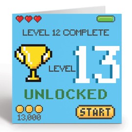 GIGGLE GREETINGS Gamer Birthday Card For 13 Year Old Girl or Boy - Level 13 Unlocked Video Gaming Birthday Card With Blue Envelope - Eco Friendly Card