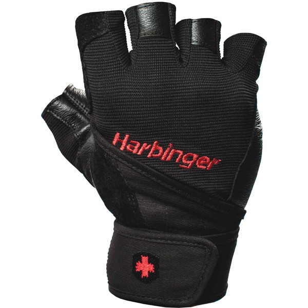 Harbinger Pro Wristwrap Weightlifting Gloves with Vented Cushioned Leather Palm (Pair), Large , Black