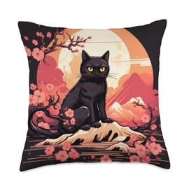Midnight Sakura Black Cat Moon and Cherry Blossoms Throw Pillow