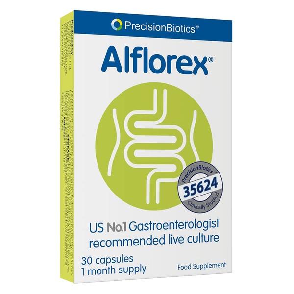 Alflorex by PrecisionBiotics | 30 capsules in the new blister pack | (4-week storage Pack) | Demonstrably reduces bloating, abdominal pain and irregular bowel movements.