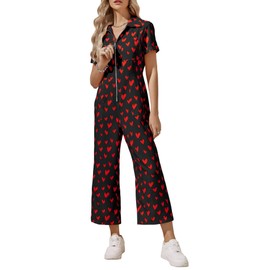 Zwurew Valentine's Day Women's Short Sleeve Jumpsuits Love Heart Graphic Zip Up Long Pants Romper with Pockets