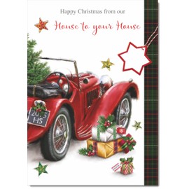 doodlecards House To House Christmas Card Red Vintage Car Medium Size Christmas Card for House To House with Plain Envelope