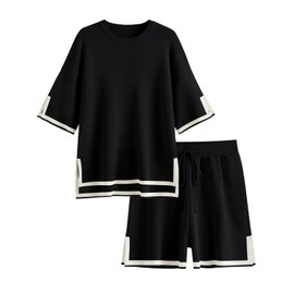 LILLUSORY Women's 2 Piece Outfits Matching Lounge Sets for Women Summer Outfits Tracksuit for Women Knit Tops and Shorts Black M
