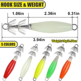 Luminous Squid Jig Hooks Kit,10pcs Glow Squid Jigs Saltwater Fluorescent Fishing Cuttlefish Sleeve Squid Jig Baits Night Fishing Octopus Lures Set with Tackle Box