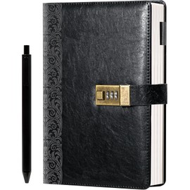 Vintage Diary with Lock, 256 Pages Leather Diary with Lock Back Embossing, Hardcover Closed Journal with Pen, 7 x 9 Inch Lockable Journal for Adults, Women, Men, Black