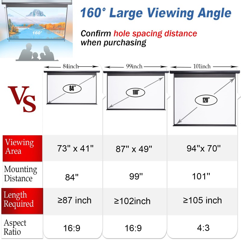 Pull Down Projector Screen Motorized 84 Inch 16:9 HD Electric