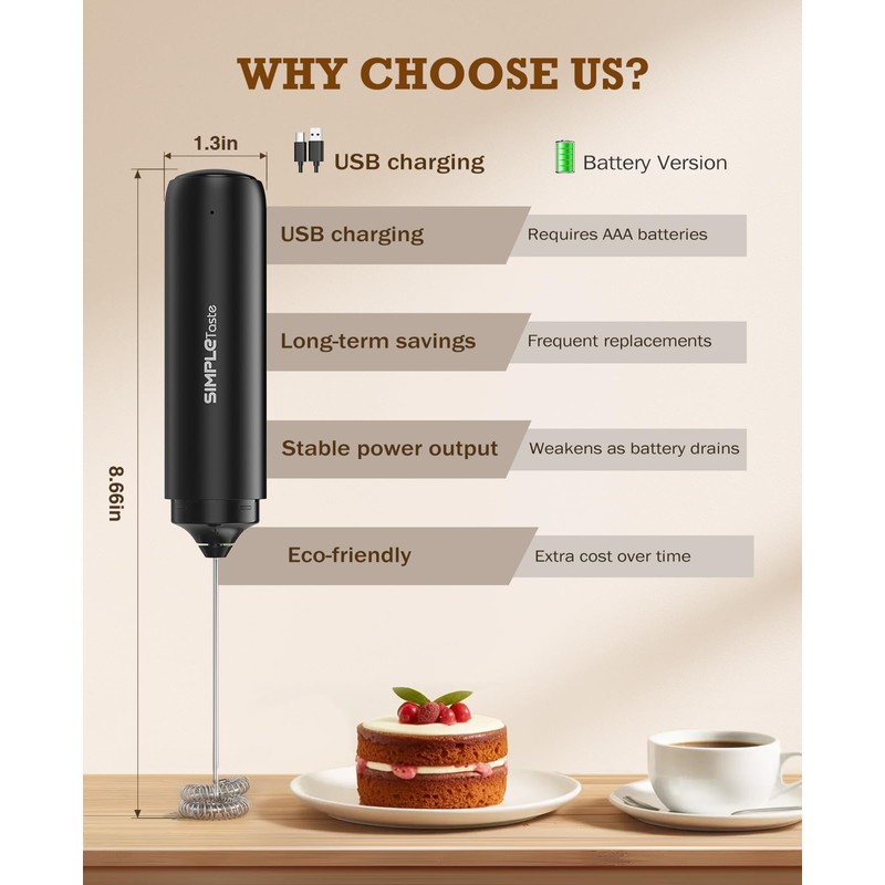 SIMPLETASTE Milk Frother Handheld Electric Foam Maker, Drink Mixer with
