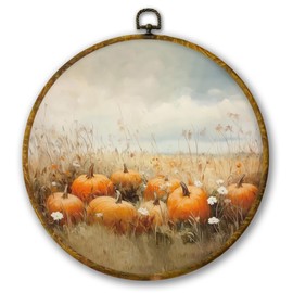 Mcehtle Vintage Fall Pumpkin Wall Art Decor, Rustic Autumn Wildflower Field Landscape Framed Canvas Prints 10x10, Countr Farmhouse Round Wall Hanging Artwork Decorations for Bedroom Living Room Home