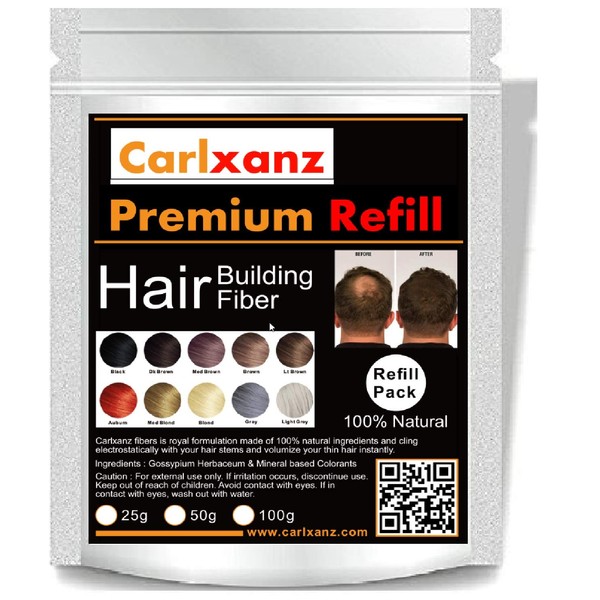 Carlxanz Hair Building Fibers Refill Bags 25 Grams Premium Hair Keratin Fibers with Advanced Electrostatic Bonding 100% Natural & Undetectable (Refill 25g, Medium Brown)