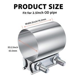 WYSIWYKA 2 Pack 2.5 Inch Exhaust Clamp,2 1/2" Butt Joint Band Clamp Sleeve Coupler 304 Stainless Steel for Pipes,Mufflers,Catalytic Converters