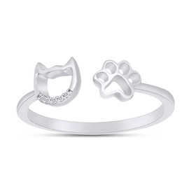 Round Cut Natural White Diamond Accent Open Adjustable Cat Outline And Dog Paw Print Open Statement Ring In 14k White Gold Over Sterling Silver Jewelry For Women Pet Loving Friend Family (0.03 Cttw)