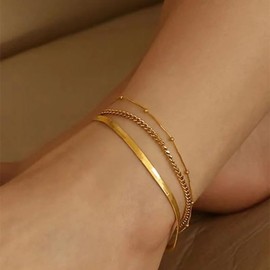 Gold Ankle Set for Women Dainty Layered Anklet Bracelets Waterproof Foot Chain Beach Anklet Jewelry Gifts for Teen Girls (3pcs)