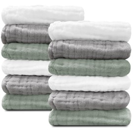 Sunny zzzZZ Baby Muslin Washcloths -100% Cotton Muslin Soft Baby Bath Wash Cloths and Absorbent Burp Cloths for Newborns Kids Girls and Boys -12 Pack, 12x12 Inches - White+Green+Grey