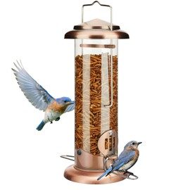 Kingsyard Upgraded Bluebird Feeder for Outdoors Hanging, Metal Mealworm Tube Bird Feeder with Widen Perch for Wild Birds, Squirrel Chew Proof, Easy to Refill & Clean(Copper)