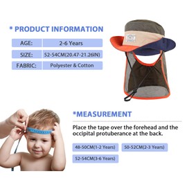TAGVO Sun Hat Kids Bucket Hat, UV Sun Protection with Chin Strap, Cap with Removable Neck Flap, Wide Brim Sun Hats for Children 2-6 Years, army green brim