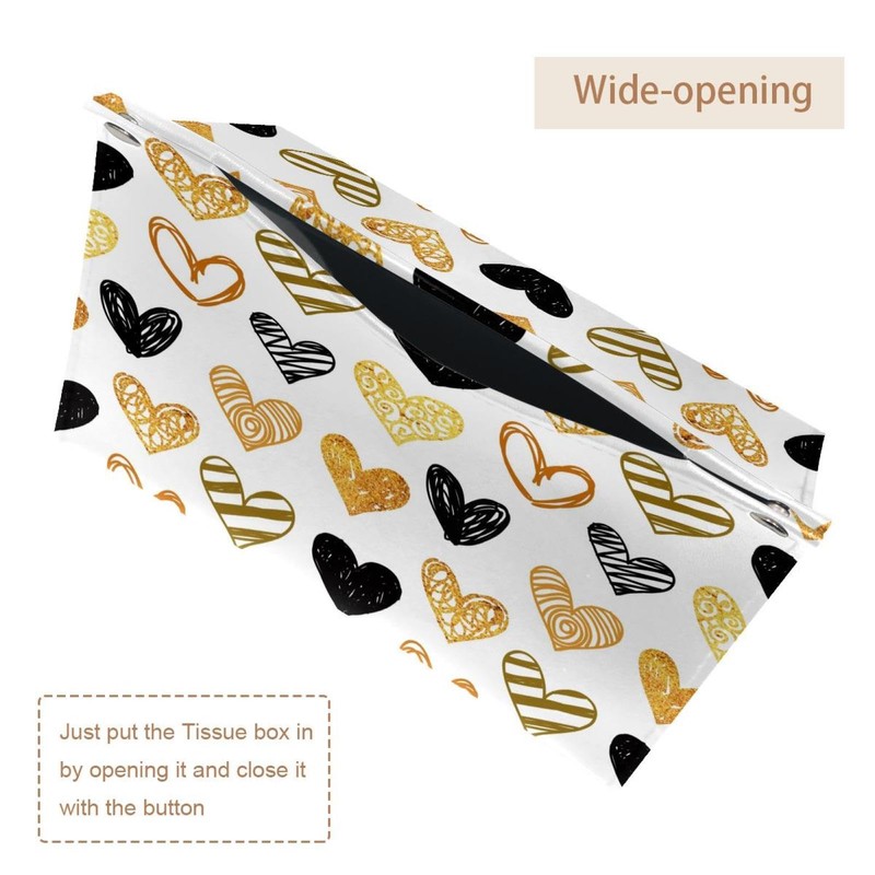 2 Pack Tissue Box Cover Holder, Golden and Black Hearts