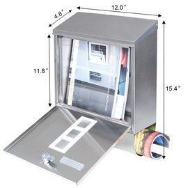 Decaller Stainless Steel Mailboxes with Sturdy Key Lock, Wall Mounted Waterproof Mail Box with Transparent Cover, 15.4" x 12"x 4.8"