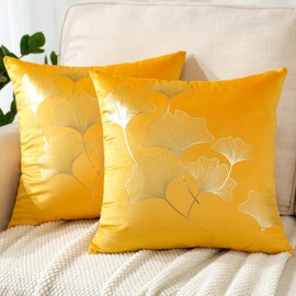 JOTOM Pack of 2 Cushion Covers 45x45cm Cozy Velvet Decorative Throw Pillow Covers Gold Ginkgo Leaves Bronzing Pillow Cases Square Cushion Cover for Couch Bedroom Living Room Sofa Car Decor (Yellow)